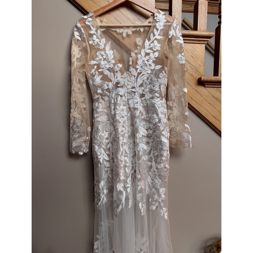 Wedding Bridal Gown White Dress XS/S Lace Floral Appliqué Sheer Long Sleeve - Picture 4 of 16